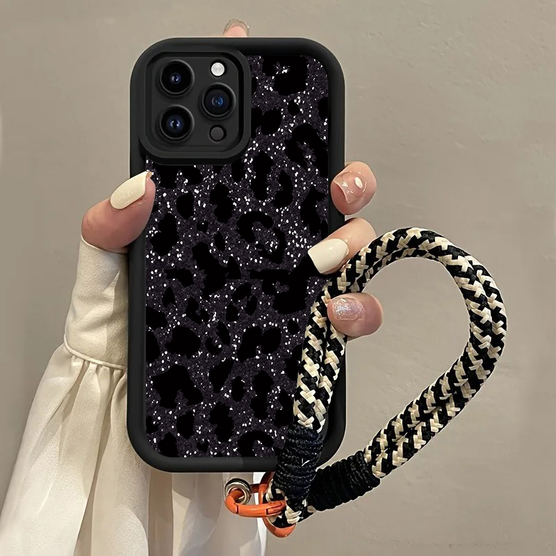Phone Cases With Loop - Black Spotted Leopard Hang Strap Phone